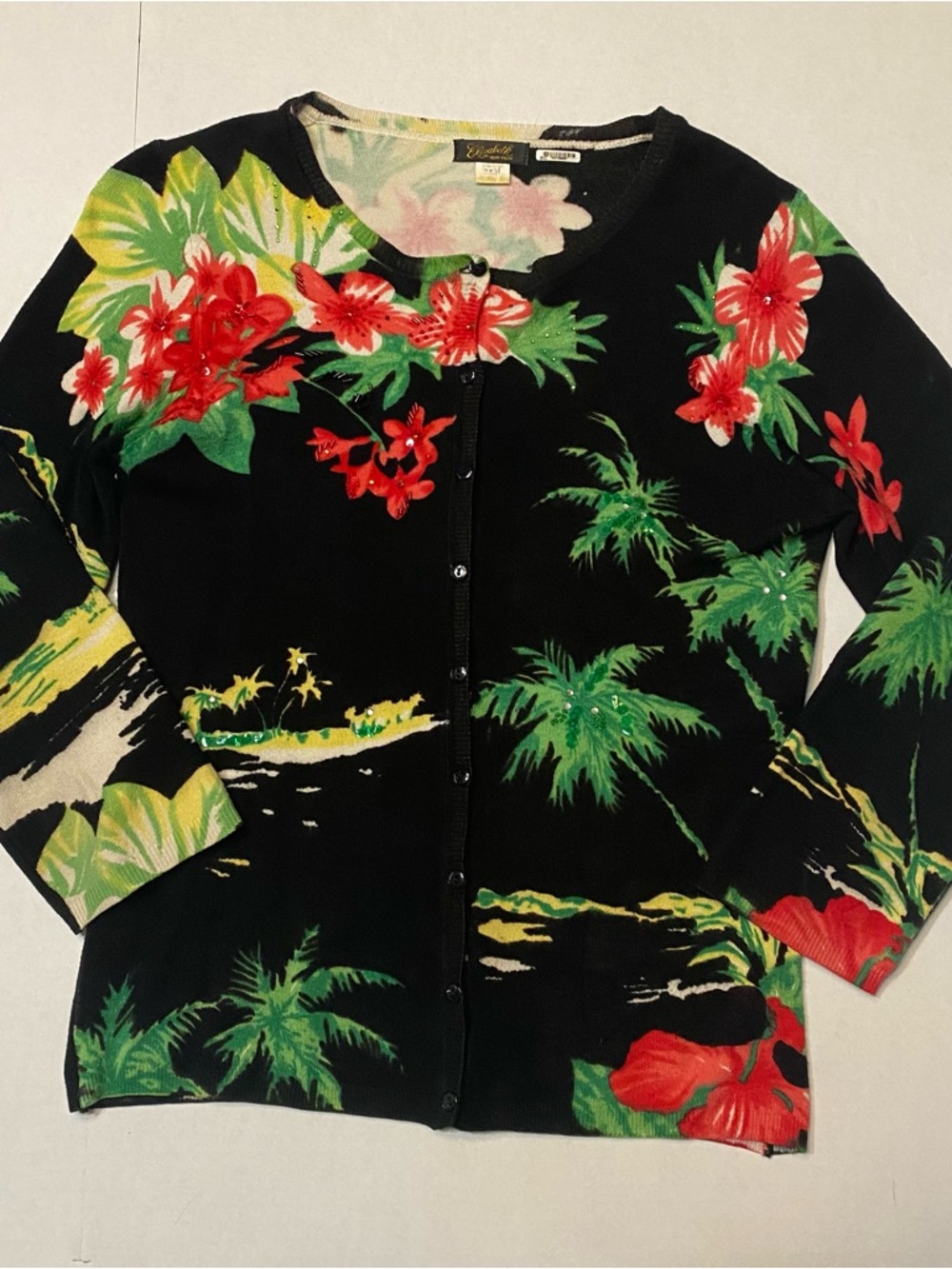 Elizabeth NY Beaded Tropical Cardigan Sweater – Size XS, black floral